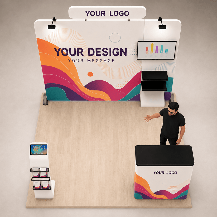 10ft TensionMax Straight + Podium + Media Stand + TV Stand + Header
