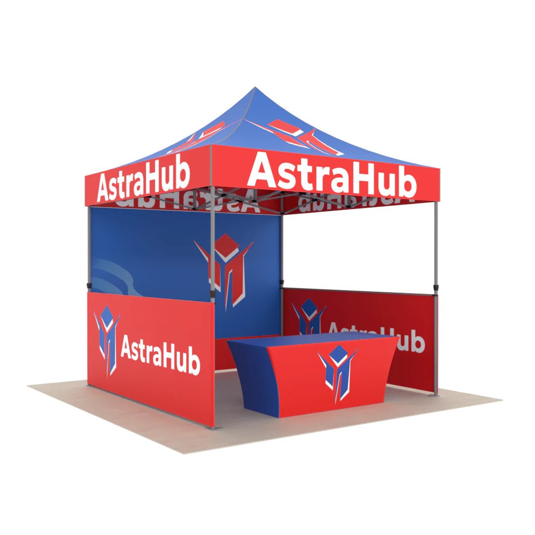 Commercial Custom Tents for Businesses, Back Wall, Table Cover & 2 Flags