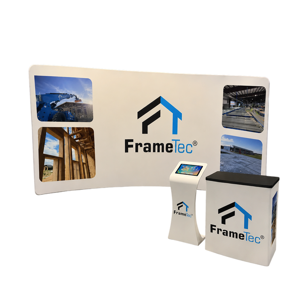 20ft Curved Tension Fabric Trade Show Display with TV Stand – TensionMax™